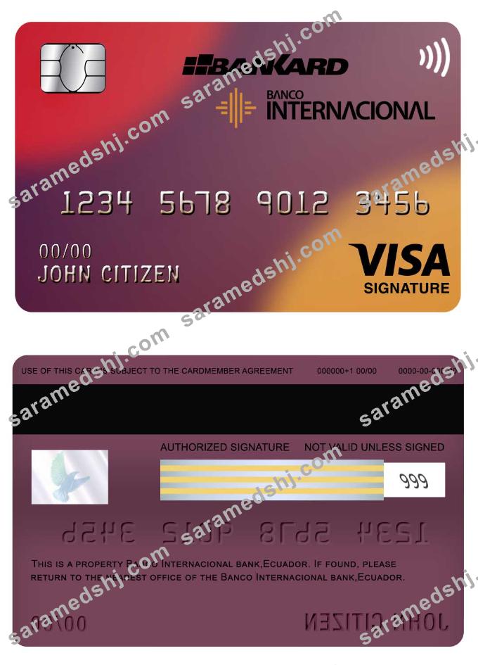 Ecuador Banco Internacional bank visa signature card screen